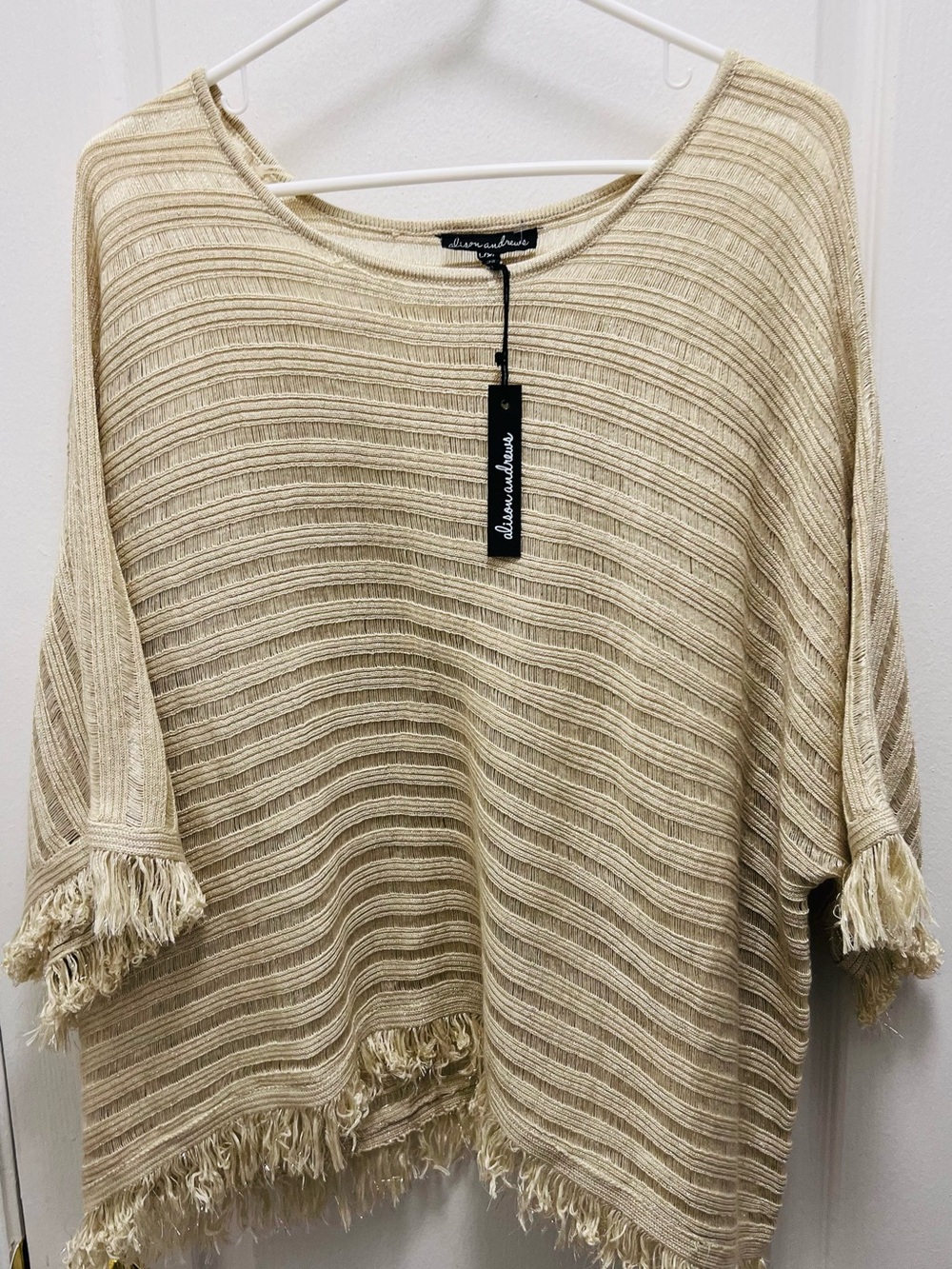 Fringed Cream Ribbed Scoop-Neck Sweater